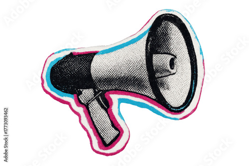 Bold halftone megaphone cutout with torn paper edges retro y2k collage aesthetic