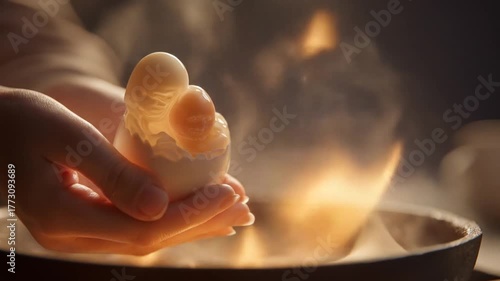 Hands holding egg with steam against dark background