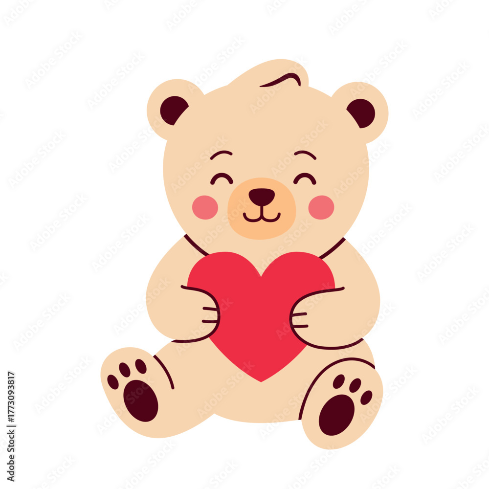 Fototapeta premium Cute Teddy Bear with Red Heart Symbolizing Love and Affection. Adorable Beige Plush Toy Illustration for Valentine’s Day, Romance, Family, and Gift Concepts in Soft Pastel Style
