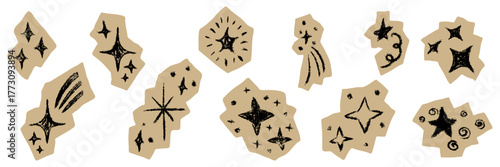 Grunge hand drawn star and sparkle sticker set. Textured doodle celestial elements with rough edges. Cutout paper scrapbook decoration in crayon modern style. Isolated vector illustration for design.