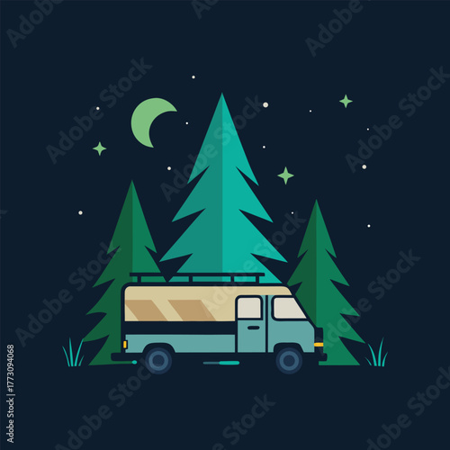 Camping Van Parked in Forest Under Starry Night Vector Scene