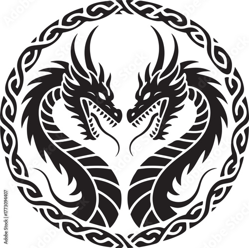 Twin fantasy dragons intertwined in circular tattoo pattern