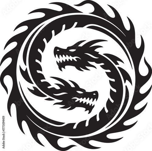 Black and white dragon circle vector design symbolizing strength and unity