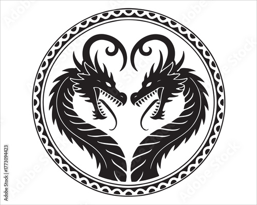 Powerful mythical dragon pair illustration in decorative tribal style