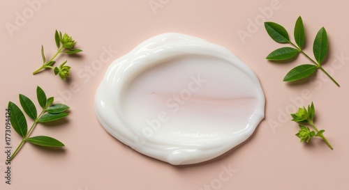 A smooth, rich organic cream or healing salve texture displayed with soft green botanical elements, emphasizing gentle, restorative nature care, white, herbal, pure