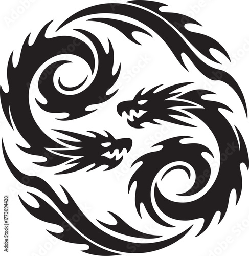 Two symmetrical dragons facing each other in ornate fantasy emblem
