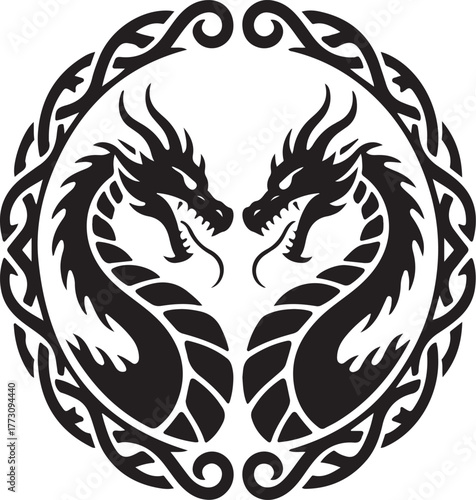 Twin dragons facing each other in circular tribal pattern, powerful black and white mythical creature illustration, fantasy tattoo style vector design symbolizing strength, balance, and energy