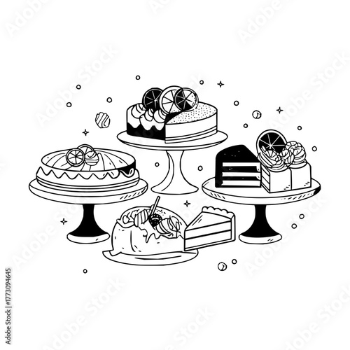 Delicious cake desserts illustration with lemon slices and cake stands for bakery and patisserie 100