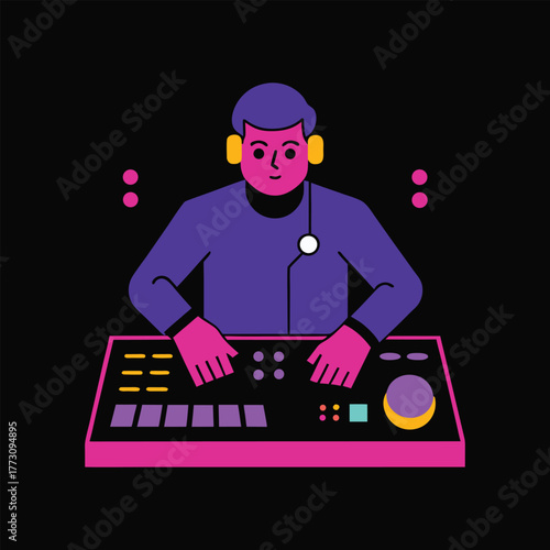 Music Producer Mixing Tracks in Home Studio Illustration