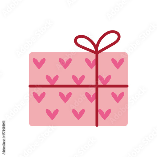 Vector illustration of rectangular pink gift box decorated with pink hearts, with ribbon and bow. Cute, romantic present icon for Valentines Day, birthday, celebrations, and cheerful design projects.