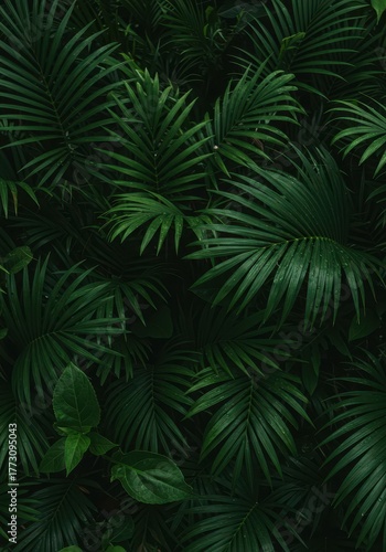Extremely lush and damp tropical foliage texture filling the frame. Vibrant green natural background showing humidity and life, natural light, fresh, nature