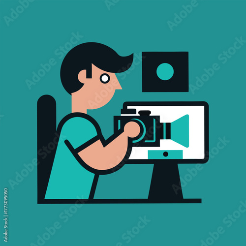 Photographer Editing Photos on Computer Vector Design