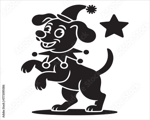 Cheerful cartoon dog dressed as circus clown standing playfully with star, black and white vector illustration of performing puppy mascot, cute animal design for children’s art and entertainment brand