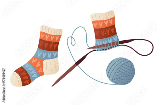 Cute hand-knitted socks with heart in progress with yarn and needles. Cozy handmade scene symbolizing warmth, patience and creativity. Vector illustration for craft, DIY, hobby, winter design projects