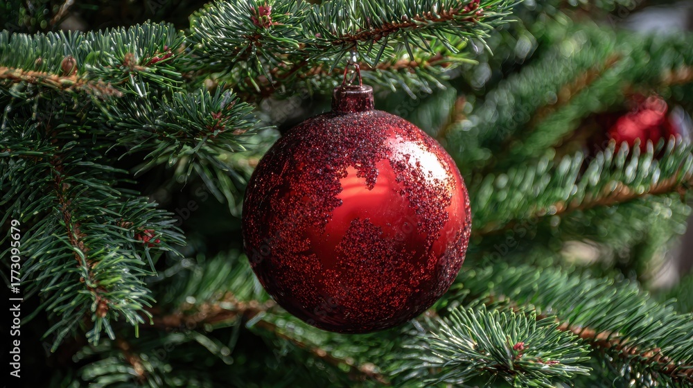 Fototapeta premium Bauble Ornament in a real Christmas tree in bright color, no logos, no brands