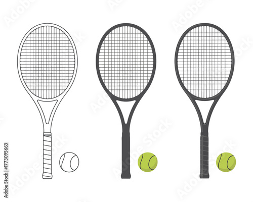 Tennis Rackets and Balls Illustration - Vector Outline and Solid Style