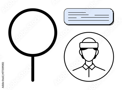 Magnifying glass, VR headset user, and text block showcasing innovation and exploration. Ideal for technology, innovation, futuristic vision, analysis, data education and research themes. Simple