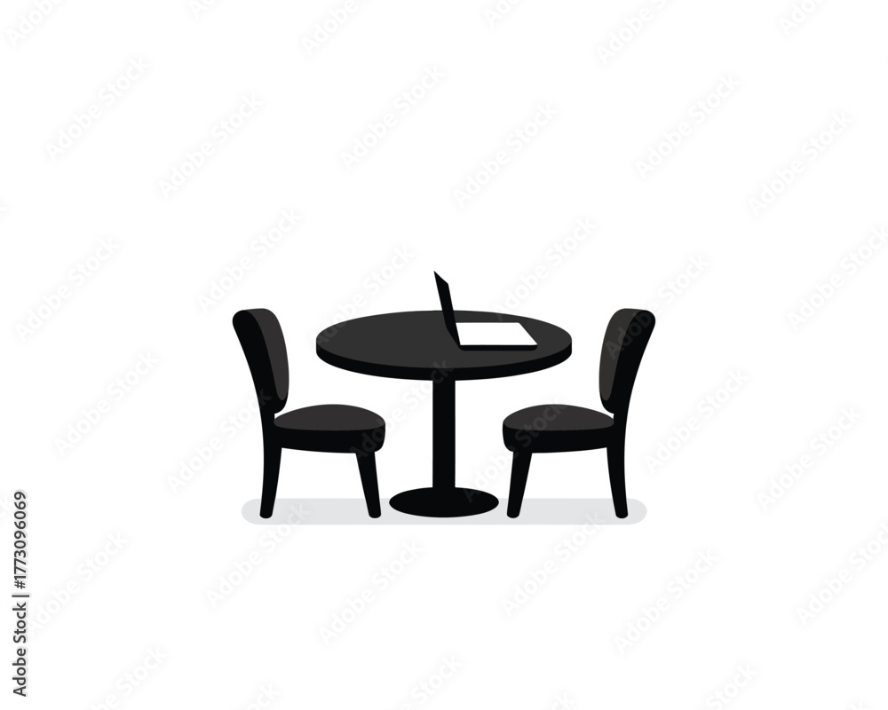 Fototapeta premium Minimalist vector illustration of a workspace with a round table, two chairs, and a laptop