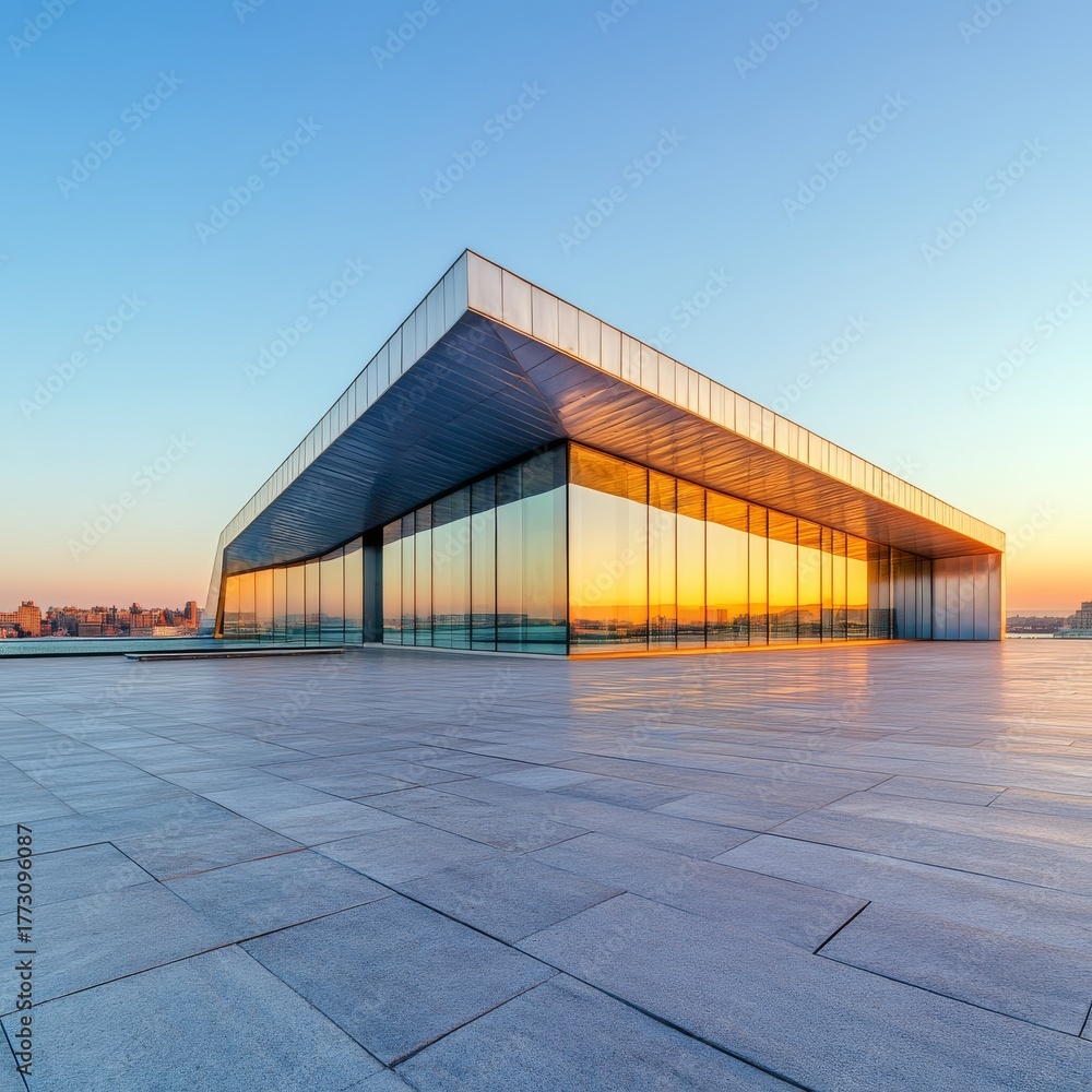 Fototapeta premium Modern Glass Building Reflecting Sunset, architecture, cityscape