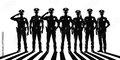 Police Officers Silhouette Group Standing in Uniform with Shadows