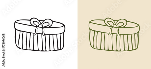 hand-drawn doodle vector illustration of an oval-shaped present or gift box with a ribbon and bow. Excellent for seasonal greetings, celebrations, wrapping paper, and digital design projects.