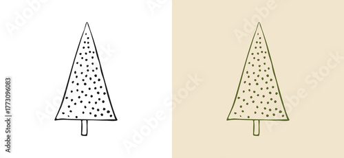 Minimalist hand-drawn doodle vector illustration of a  triangle tree shape with dot texture. Excellent for holiday branding, seasonal web icons, festive digital banners, or any winter-themed project.