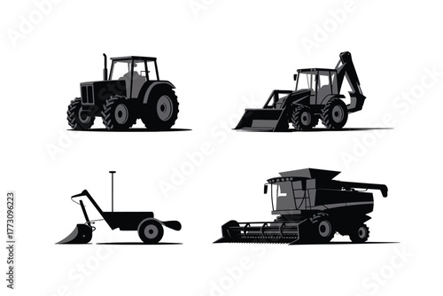 Agricultural and Heavy Construction Machinery Icons Set