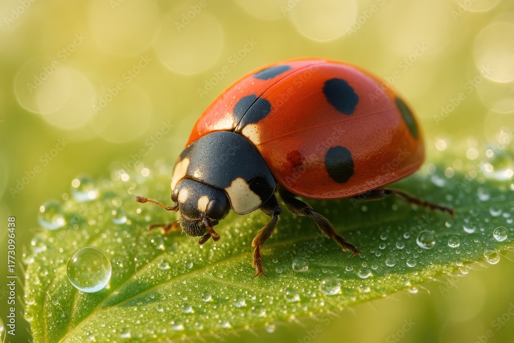 Naklejka premium Macro ladybird on dewy green leaf with tiny water droplets and soft morning light