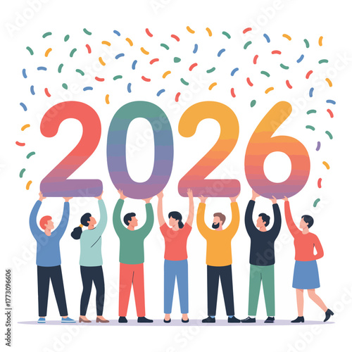 Diverse Group of People Celebrating and Holding Up Large 2026 Numbers with Confetti