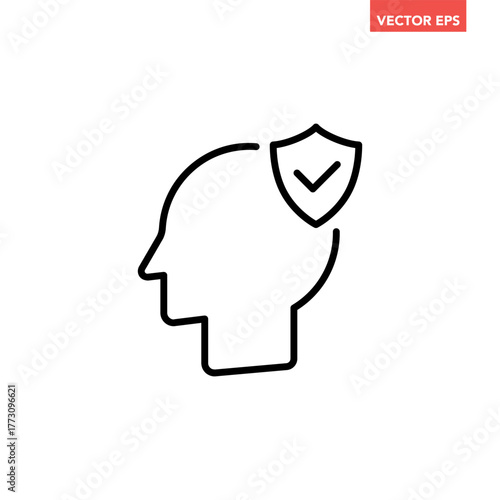 Single black head with shield line icon, simple mental health flat design vector pictogram, infographic interface elements for app logo web button ui ux isolated on white background