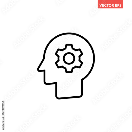 Black single gear in head line icon, simple logic thinking flat design vector pictogram, infographic interface elements for app logo web button ui ux isolated on white background