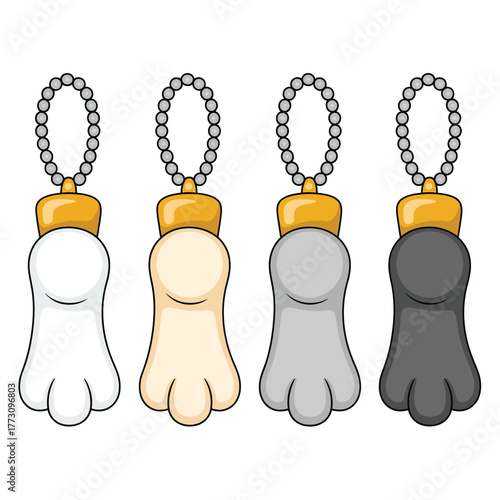 Four Adorable Cartoon Cat Paw Keychains Illustration Set