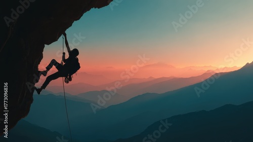 Athletic man climbs an overhanging rock with rope, lead climbing. silhouette of a rock climber on a mountain background. outdoor sports and recreation, no logos, no brands