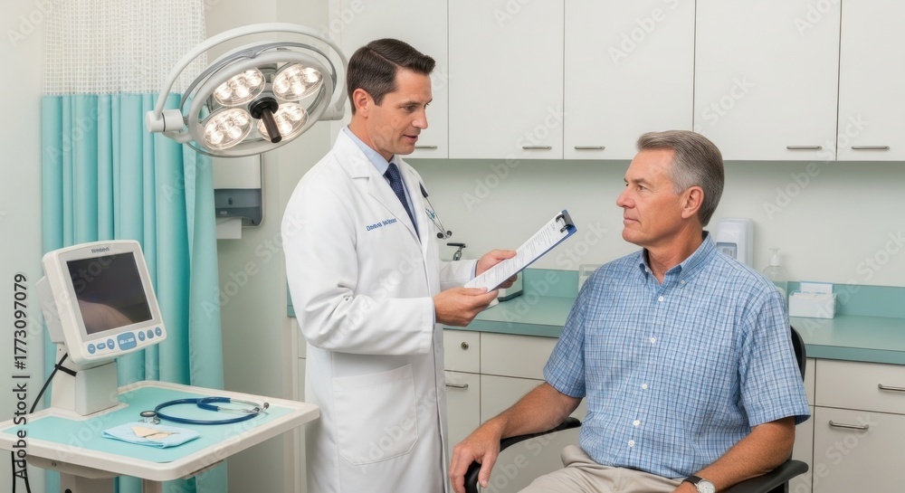 Obraz premium A doctor in a white coat discusses medical information with a seated male patient in a well-lit examination room equipped with medical instruments and an operating light