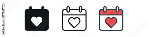 love calendar date icon on white background Black silhouette flat icon outline icon and colored icon style. 1x3 grid. three minimal vector icon style. centered composition clear white space