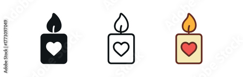 romantic candle icon on white background Black silhouette flat icon outline icon and colored icon style. 1x3 grid. three minimal vector icon style. centered composition clear white space