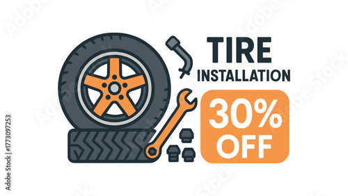 Flat vector banner design text TIRE INSTALLATION 30% OFF supporting icons of tire bolts and wrench gray and orange tones isolated on white marketing approved bright palette with balanced