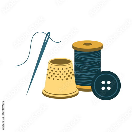Sewing Supplies Illustration: Needle, Thimble, Thread Spool, and Button