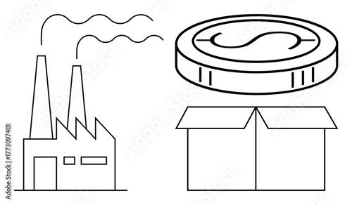 Factory with smokestacks, open box, and circular coin highlighting industrial production, trade, and economics. Ideal for design, manufacturing, business, economy commerce logistics and minimal