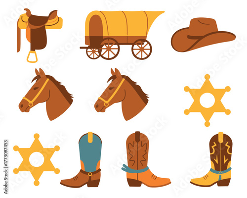 Western Cowboy and Wild West Icons Set - Saddle, Wagon, Hat, Horses, Badges, Boots
