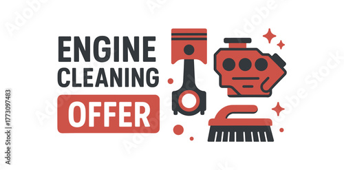 Flat vector banner design text ENGINE CLEANING OFFER supporting icons of piston engine and brush red and dark gray tones isolated on white marketing approved bright palette with balanced