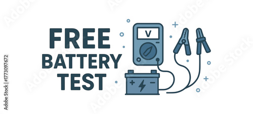 Flat vector banner design text FREE BATTERY TEST supporting icons of battery voltmeter and cable gray and blue palette isolated on white marketing approved bright palette with balanced