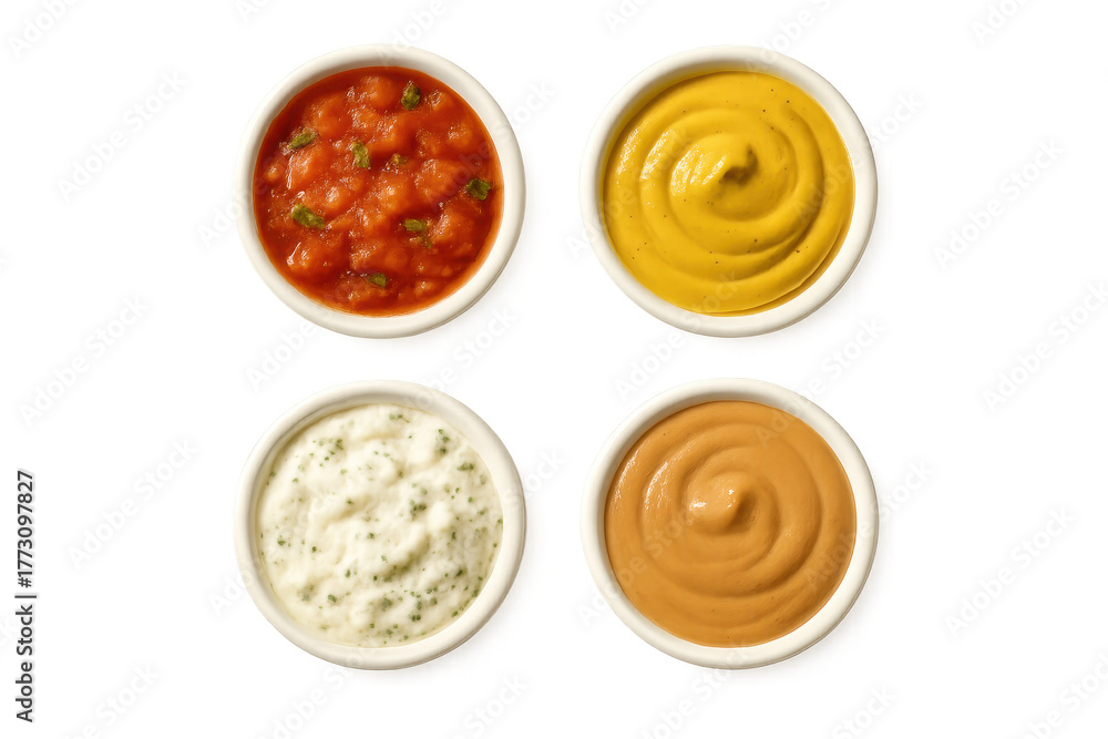 Fototapeta premium Assorted dipping sauces in white bowls top view isolated on clear transparent