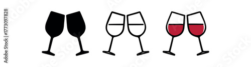 pair of wine glasses icon on white background Black silhouette flat icon outline icon and colored icon style. 1x3 grid. three minimal vector icon style. centered composition clear white