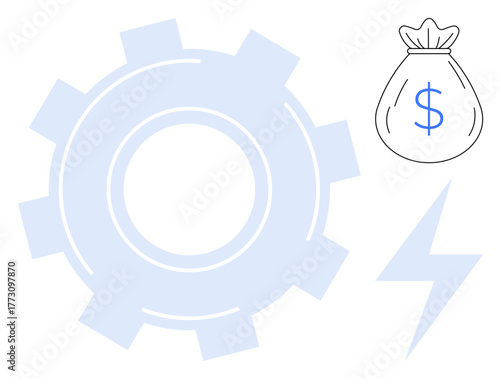 Gear, dollar-marked bag, and lightning icon emphasizing productivity, financial growth, and energy. Ideal for themes on business, innovation, industry, renewable energy economics technology simple