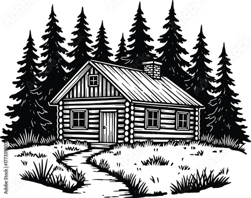 Wooden log cabin surrounded by tall pine trees, rustic forest retreat on white background