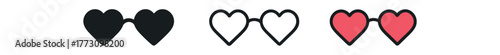heart shaped sunglasses icon on white background Black silhouette flat icon outline icon and colored icon style. 1x3 grid. three minimal vector icon style. centered composition clear white