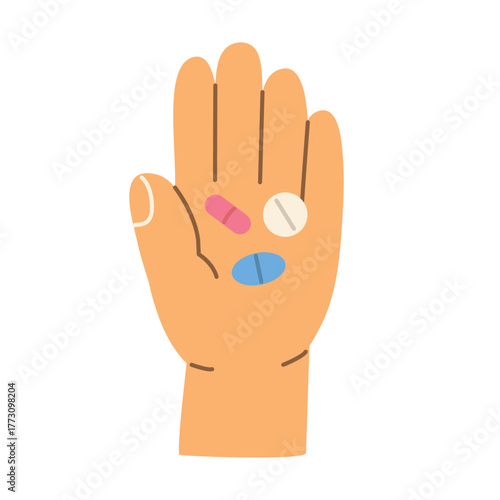 open human hand holding various pills, capsules, and vitamin tablets; healthcare, medication, supplements, and pharmacy concept