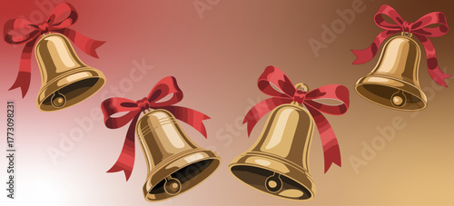 Golden Christmas bells with red bows and ribbons on warm gradient background, shiny jingle ornaments for festive holiday greeting card, banner design