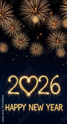 Happy New Year 2026 card with a heart, sparklers, and fireworks on a night sky background